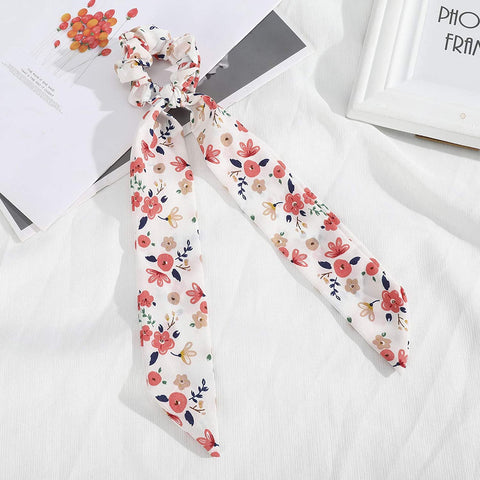 AWAYTR Chiffon Ponytail Hair Scarf Scrunchies - 4 Packs Flower Cashew Leopard Ripple Point Elastic Hair Ties Bow for Women (Floral(Yellow+White+Pink+Black))