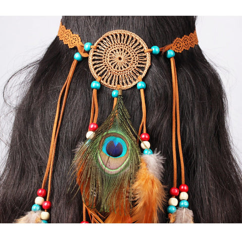 Hippie Headband Feather Dreamcatcher Headdress - AWAYTR Boho Feather Headwear Feather Headpiece Hippie Peacock Feather Festival Hair Band (Brown)