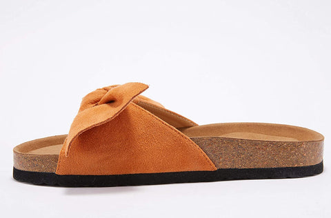 Ruanyu Womens Flat Slide Sandals Bowknot Slip On Open Toe Comfortable Cork Sandals Brown