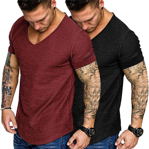 Mens 2 Pack Muscle V Neck T Shirt Fitted Gym Workout Short Sleeve Tee