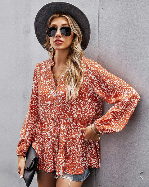 ayreus Women's Floral Prints V-Neck Blouse Shirts Button Down Long Sleeve Flowy Tunic Top
