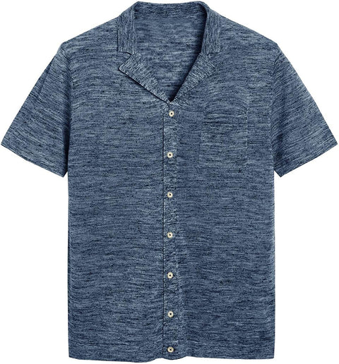 Mens Button Down Shirts Knitted Short Sleeve Casual Lapel V Neck Loose Fit Lightweight Tops with Chest Pocket