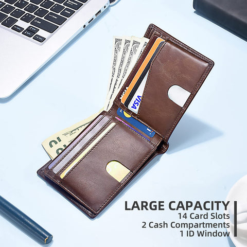 Zitahli Large Capacity Wallet for Men RFID-blocking Bifold Leather Wallets with 17 Card Pockets