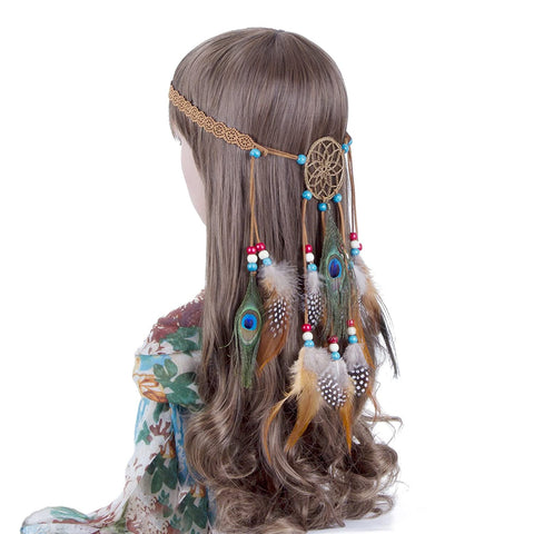 Hippie Headband Feather Dreamcatcher Headdress - AWAYTR Boho Feather Headwear Feather Headpiece Hippie Peacock Feather Festival Hair Band (Brown)