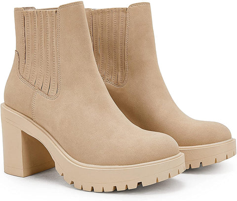 Womems Platform Lug Sole Ankle Boots Chunky Block Heel Seam Booties Combat Cozy Round Toe Chelsea Shoes