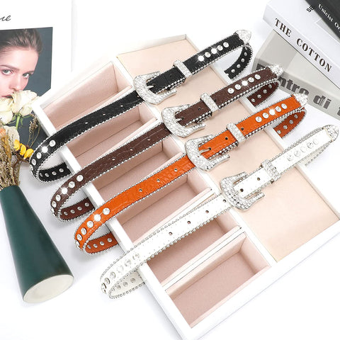 Women Skinny Rhinestone Belt For Jeans Thin Leather Waist Belts With Boho Jewelry Buckle