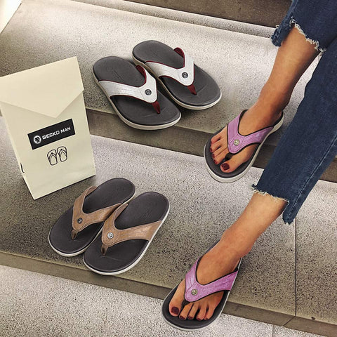 Flip Flops for Women with Arch Support - Memory Foam Flip Flop Thong Sandals Orthotic Sandal for Women with Non-Slip Rubber Sole and Metallic PU Leather Straps