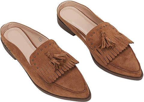 Ruanyu Womens Backless Mules Sandals Flat Pointed Toe Slip On Studded Tassel Comfortable Penny Loafers
