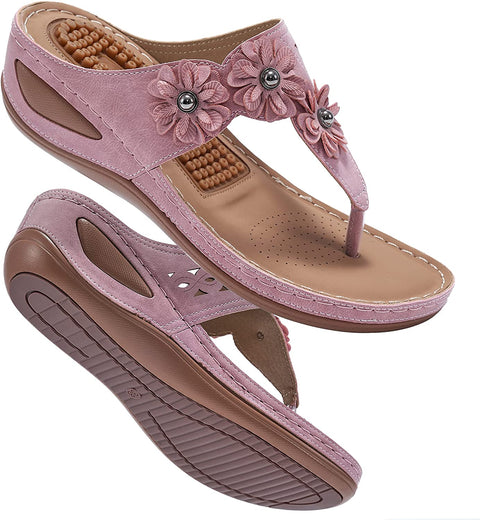 Womens Wedge Flip Flops Sandals with Arch Support Summer Comfortable Platform Bohemia Flat Shoes Massage Function Casual Thong Sandal
