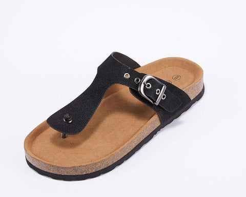 Womens Thong Sandals Slip-On Flats Adjustable T Strap Buckle Footbed Flip-Flop Cork Shoes