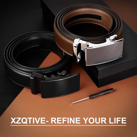 Men's Ratchet Belt for Dress 2Pack Slid Leather Belt with Automatic Click Buckle