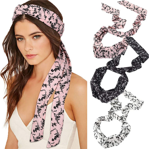 Long Hug Head Wrap Headband - 3PCS Chiffon Twisted Turban Head Wraps Criss Cross Hair Band Long Scarf (Floral(Pink+White+Black))