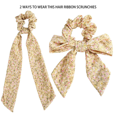 AWAYTR Chiffon Ponytail Hair Scarf Scrunchies - 4 Packs Flower Cashew Leopard Ripple Point Elastic Hair Ties Bow for Women (Floral(Black+Beige+Yellow+Black))