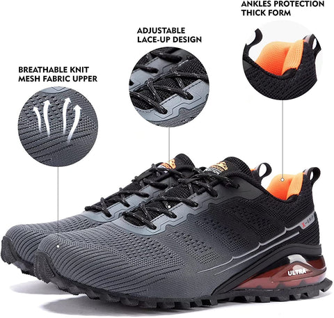 Kricely Men's Women Trail Running Shoes - Non-Slip Hiking Shoes Breathable Walking Footwear Outdoor Road Athletic Sneaker Gray