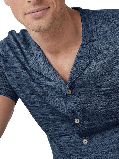 Mens Button Down Shirts Knitted Short Sleeve Casual Lapel V Neck Loose Fit Lightweight Tops with Chest Pocket