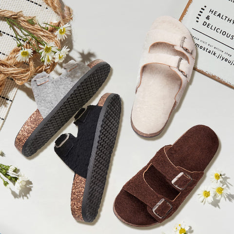 Katliu Women's Flat Slide Sandals Two Straps Buckle Slip on Slides Arch Support Cork Footbed Shearling Sandals