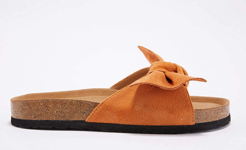 Ruanyu Womens Flat Slide Sandals Bowknot Slip On Open Toe Comfortable Cork Sandals Brown