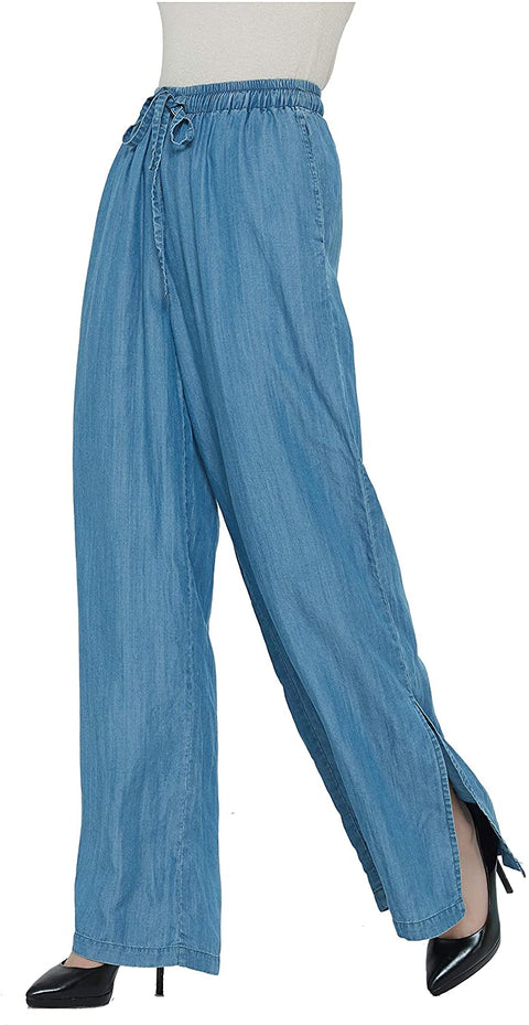 Womens Tencel Wide Leg Pants with Hem Slit and Drawstring