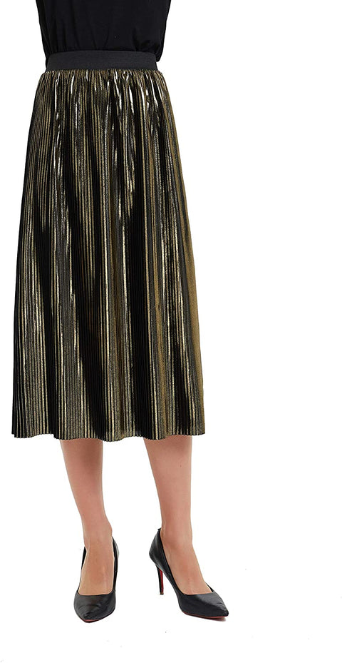 Womens Golden Metallic Shiny A Line Accordion Elastic Waistband Pleated Midi Skirt