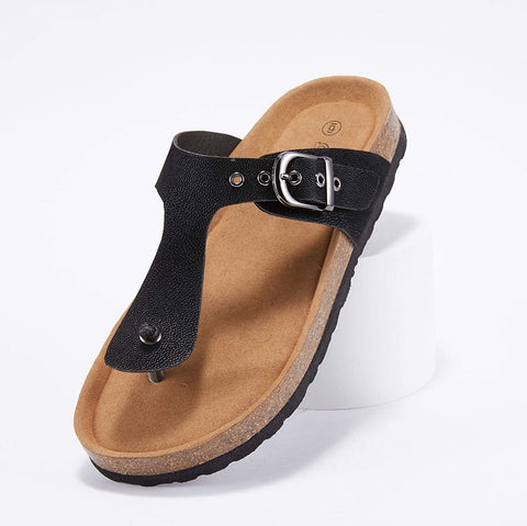Womens Thong Sandals Slip-On Flats Adjustable T Strap Buckle Footbed Flip-Flop Cork Shoes