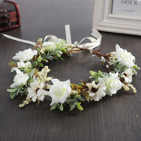 Leaf Flower Crown Garland Headpiece - Handmade Hair Garland Floral Wreath Adjusatble Flower Headbands for Bridal Wedding Festival Party Flower Leaves Crown (Cream white)