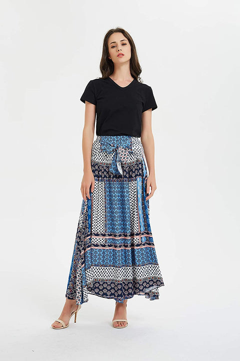 Womens Border Print Pull-on Elastic Waistband Long Skirt Neck Tie Dress