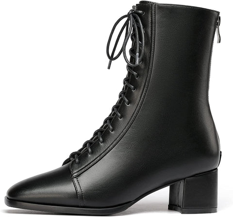 WAYDERNS Women's Square Toe Lace Up Matte Zipper Chunky Low Heel Ankle High Boots Short Booties 2 Inch