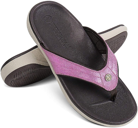 Flip Flops for Women with Arch Support - Memory Foam Flip Flop Thong Sandals Orthotic Sandal for Women with Non-Slip Rubber Sole and Metallic PU Leather Straps