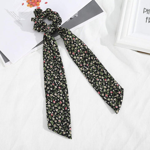 AWAYTR Chiffon Ponytail Hair Scarf Scrunchies - 4 Packs Flower Cashew Leopard Ripple Point Elastic Hair Ties Bow for Women (Floral(Black+Beige+Yellow+Black))