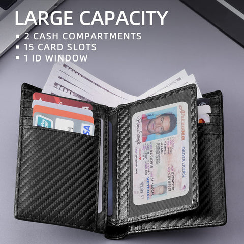 Zitahli Mens Genuine Leather Bifold Wallet Large Capacity Wallet for Men RFID-blocking with 15 Card Slots 2 Currency Pockets