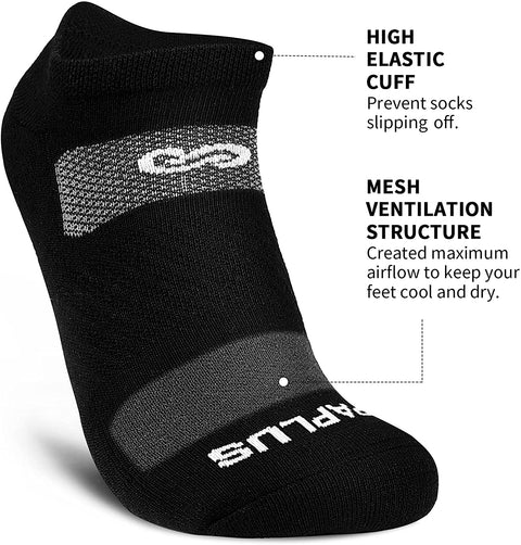 PAPLUS No Show Running Socks for Men (6 Pairs), Cushioned Athletic Ankle Socks with Arch Support