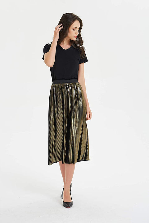 Womens Golden Metallic Shiny A Line Accordion Elastic Waistband Pleated Midi Skirt