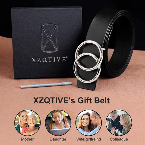 Women’s Leather Ring Belt for Jean, Mothers Day Gifts Double Circle Buckle Belts