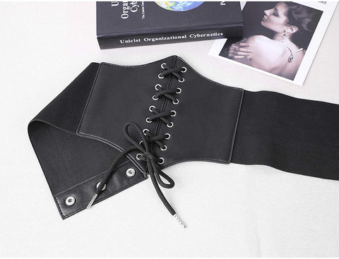 Black Corset Waist Belt for Women, Wide Elastic Tie Waspie Belt for Dresses 4.7inch