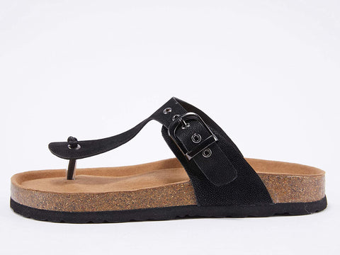 Womens Thong Sandals Slip-On Flats Adjustable T Strap Buckle Footbed Flip-Flop Cork Shoes