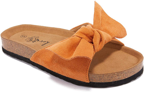 Ruanyu Womens Flat Slide Sandals Bowknot Slip On Open Toe Comfortable Cork Sandals Brown
