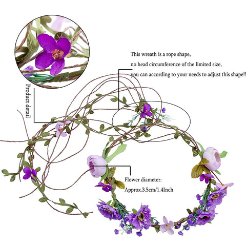 Flower Crown Headband Floral Headpiece - AWAYTR Women Girl Bohemia Adjustable Tree Rattan Leaf Flower Garland Hair Wreath Wedding photography Decoration (Purple)
