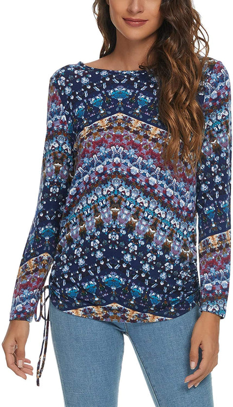 Women's Floral Print Shirts Long Sleeve Boat Casual Tunic Tops Blouse for Women