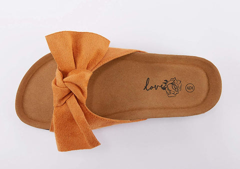 Ruanyu Womens Flat Slide Sandals Bowknot Slip On Open Toe Comfortable Cork Sandals Brown