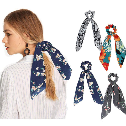 AWAYTR Chiffon Ponytail Hair Scarf Scrunchies - 4 Packs Flower Cashew Leopard Ripple Point Elastic Hair Ties Bow for Women (Gray + Green + Navy + Black)