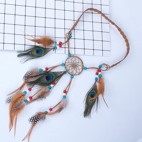 Hippie Headband Feather Dreamcatcher Headdress - AWAYTR Boho Feather Headwear Feather Headpiece Hippie Peacock Feather Festival Hair Band (Brown)