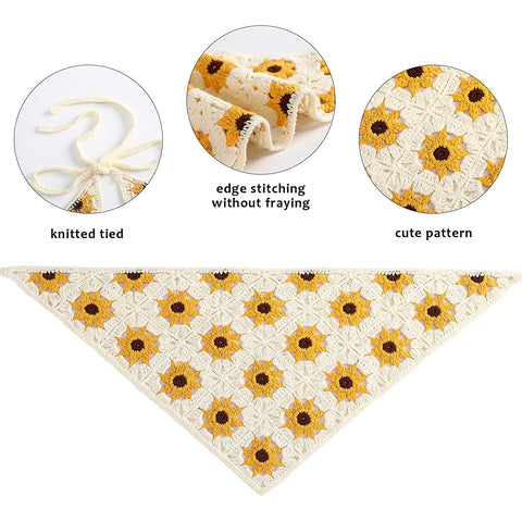 Crochet Bandana Head Kerchief Hair Scarf 2Pcs Knitted Hair Scarves Crochet Hair Kerchief Tie Bcak Headwrap Floral Hair Bandanas for Women Girls Scarf (Daisy(Black+Beige))