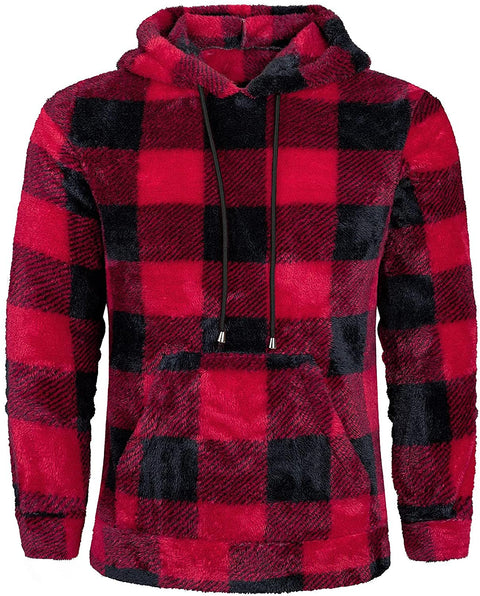 Mens Plaid Flannel Pullover Hoodies Long Sleeves Fuzzy Sherpa Fleece Drawstring Closure Hooded with Kangaroo Pockets