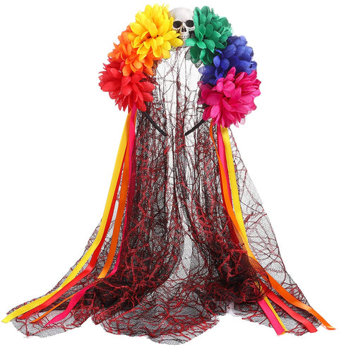 AWAYTR Halloween Spider Rose Flower Headband Veil Leave Rose Large Spider Flower Crown Headdress for Women Girls