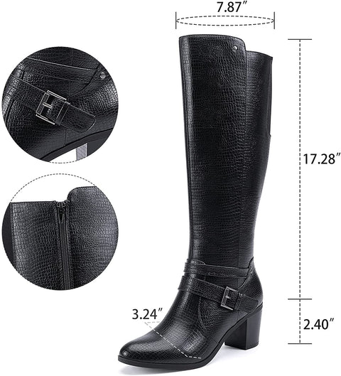 EETTARO Women's Block Mid Heel Boots Knee High Winter Booties Fashion Pointed Toe Elastic Buckle Boot