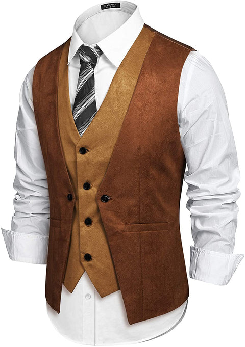 Men's Suede Leather Vest Layered Style Dress Vest Waistcoat