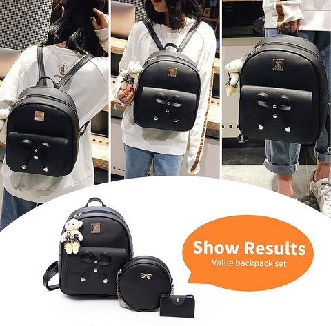 Aogist Mini Leather Backpack Purse 3-Pieces Fashion Bowknot Zipper Bags Cute Casual Travel Daypacks for Girls and Women (Black)