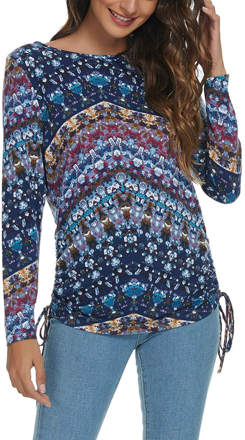 Women's Floral Print Shirts Long Sleeve Boat Casual Tunic Tops Blouse for Women