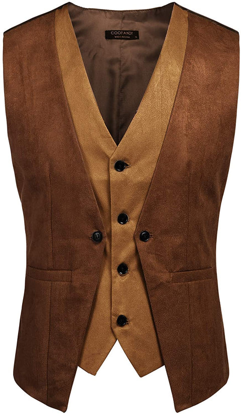Men's Suede Leather Vest Layered Style Dress Vest Waistcoat