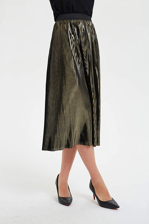 Womens Golden Metallic Shiny A Line Accordion Elastic Waistband Pleated Midi Skirt